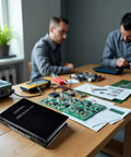 Engineers using Massive SMD Resistor Assortment Kit with 288 sets in one handy sample book for electronics prototyping.