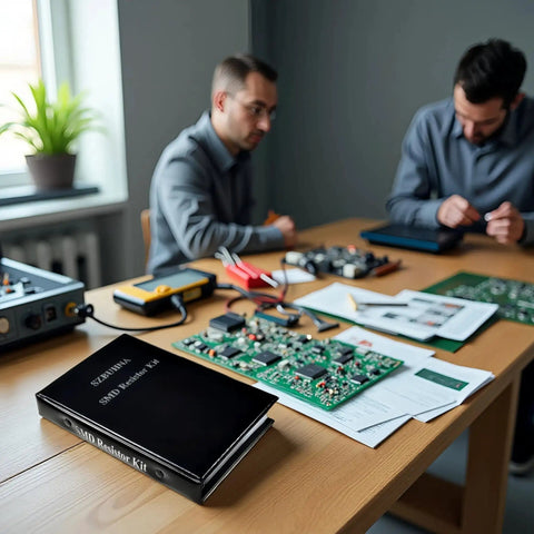 Engineers using Massive SMD Resistor Assortment Kit with 288 sets in one handy sample book for electronics prototyping.