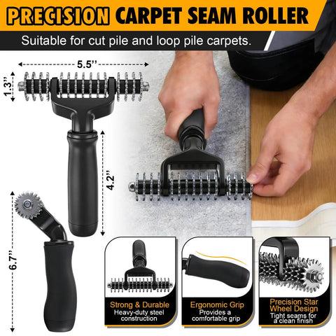 Upgraded Carpet Repair Kit With 5 Inch Star Wheel Seam Roller 4 Inch By 30 Foot Double Sided Heatless Carpet Tape And Heavy Duty PVC Pipe Cutter For Easy DIY Home And Office Floor Fixes, 5.5 in roller