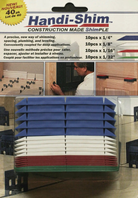 Assorted Shim Kit 40 Piece Dual Shims Pack For Pro Grade Leveling And Spacing In Plumbing And Carpentry Use Includes One Thirty Second Inch Green One Sixteenth Red One Eighth Inch White And One Quarter Inch Blue Coupled Shims