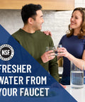 Two people holding glasses of water, promoting EF 3000 Quick Change Filter Cartridge For Full Flow Drinking Water System, 3000 Gallon Capacity, Reduces Lead, Chlorine Taste And Odor, Dirt And Cloudiness, Filters Out Particles As Small As 0.5 Micron, NSF Certified.