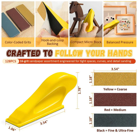 128 Piece Pro Grade Premium Micro Sander And Sandpaper Kit With Detail And Mini Hand Sander And Small Sanding Block 80 To 3000 Grit Sandpaper Set For Wood Crafts Furniture Tight Spaces And DIY Projects with color-coded grits and size dimensions.