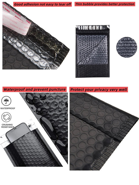 Close-up of Black Bubble Mailers 8.5x12 Inches 25 Pack Padded Shipping Envelopes showing adhesive, bubble interior, and water resistance.