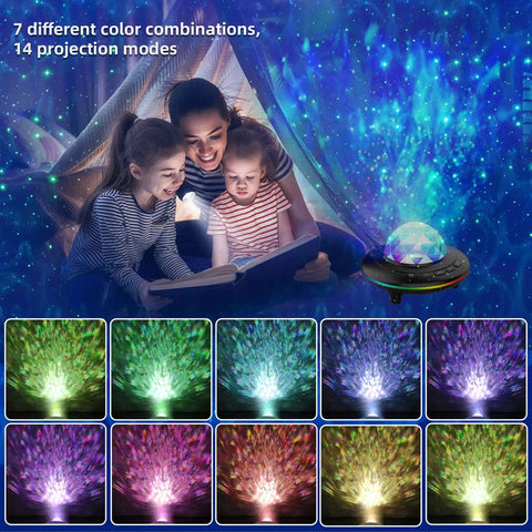 Family enjoying Galaxy Night Light Projector with Remote Control, 360 Degree Rotating Starry Sky and Ocean Wave in bedroom