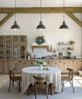 Industrial Silver Brushed Pendant Light With Top Cutouts For Kitchen Island Dining Room And Bedroom, installed in rustic kitchen.
