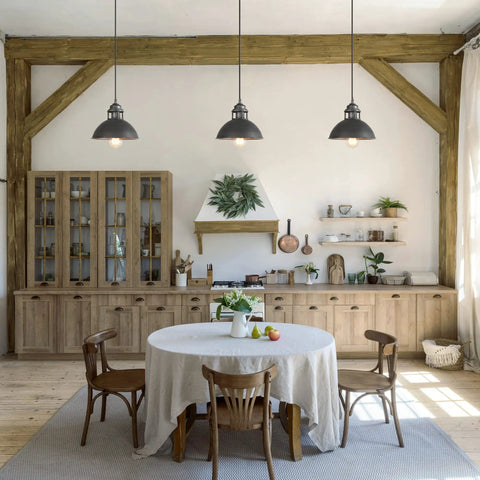 Industrial Silver Brushed Pendant Light With Top Cutouts For Kitchen Island Dining Room And Bedroom, installed in rustic kitchen.