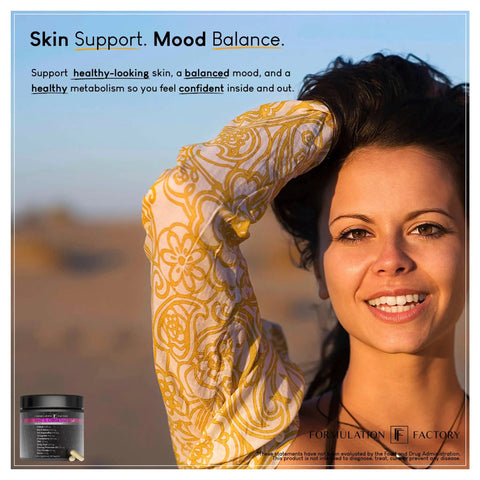 Woman smiling, holding hair, with She's Obsessed Vitality Complex With Maca Root And Ashwagandha for hormone balance 120 capsules jar visible