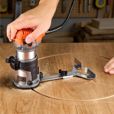 Heavy Duty Rock Solid 1 HP Wood Router 710W Variable Speed Palm Router With Soft Start Fixed Base cutting a circle in wood.