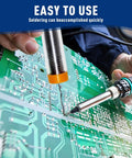 Person using 4 In 1 Rosin Core Solder Wire Set With 0.8 mm And 1.0 mm Diameters, 11 G Each, 44 G Total, on green circuit board