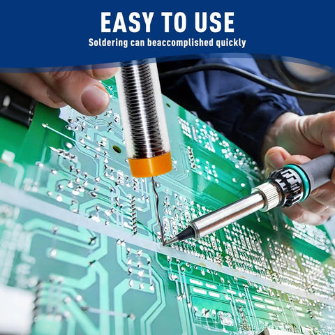 Person using 4 In 1 Rosin Core Solder Wire Set With 0.8 mm And 1.0 mm Diameters, 11 G Each, 44 G Total, on green circuit board