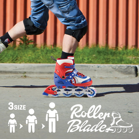 Child wearing LED Light Up Inline Skates For Kids With Three Adjustable Sizes rollerblading outdoors, showing durable wheels.