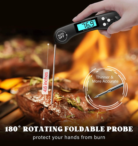 Pro Grade Instant Read Digital Meat Thermometer For Grilling And Cooking, 2-3 Second Temperature Check With 1 Degree Fahrenheit Accuracy, Perfect For Steak, BBQ, Smoking Brisket, Oven, And Slow Cooker. Hand holding black digital thermometer with 4.6-inch probe in steak
