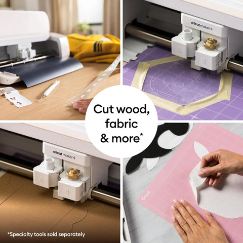 Maker 4 Smart Cutting Machine Engagement Plus Bundle With EasyPress 3 Heat Press cutting various materials including wood and fabric