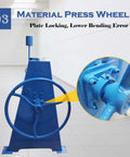 Side view of 1.5x1300 Manual Press Brake 51-Inch 16-Gauge Capacity showing blue material press wheel for reducing bending error.