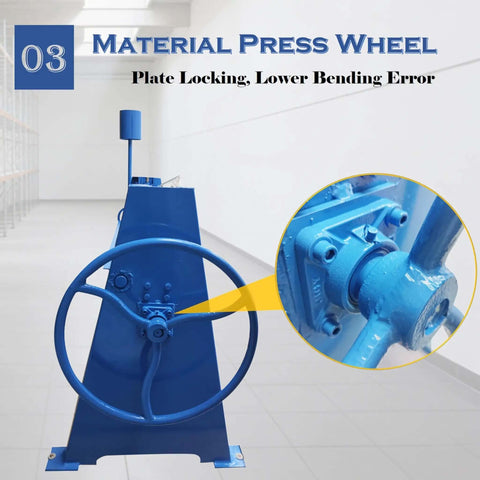 Side view of 1.5x1300 Manual Press Brake 51-Inch 16-Gauge Capacity showing blue material press wheel for reducing bending error.