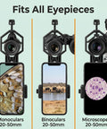 Smartphone Telescope Adapter With Quick Lock Mount for Binoculars Monocular Microscope 20-50mm eyepieces shown with smartphones