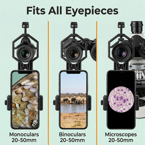 Smartphone Telescope Adapter With Quick Lock Mount for Binoculars Monocular Microscope 20-50mm eyepieces shown with smartphones