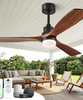 60 Inch Smart Ceiling Fan With Lights For Outdoor Patio And Covered Porch, Three Real Wood Blades In Dark Walnut, Alexa And Google Assistant Voice Control, App And Remote, Quiet DC Motor against a patio setting