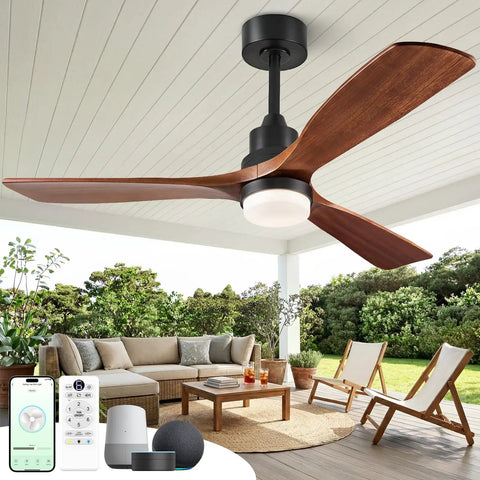 60 Inch Smart Ceiling Fan With Lights For Outdoor Patio And Covered Porch, Three Real Wood Blades In Dark Walnut, Alexa And Google Assistant Voice Control, App And Remote, Quiet DC Motor against a patio setting