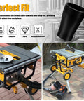 Table Saw Vacuum Adapter That Lets You Hookup The Two And A Half Inch Table Saw Outlet To A One And Seven Eighths Inch Shop Vac Hose For Dewalt DWE7491RS And DXV10P Dust Collectors shown connected to table saw with vacuum in workshop setting.