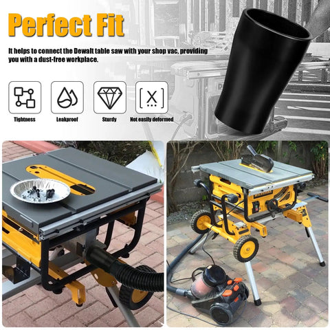 Table Saw Vacuum Adapter That Lets You Hookup The Two And A Half Inch Table Saw Outlet To A One And Seven Eighths Inch Shop Vac Hose For Dewalt DWE7491RS And DXV10P Dust Collectors shown connected to table saw with vacuum in workshop setting.