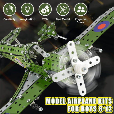 Epic 374 Piece Model Airplane Kit For Kids Aged 8 To 12 DIY STEM Building Set in action showcasing large propeller ready for assembly.
