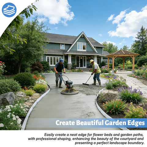 Workers using Three Pack Plastic Concrete Forms For Walkways With Easy Setup, 13 Ft Long By 5 In Wide, PE Flex Molds for garden edges.