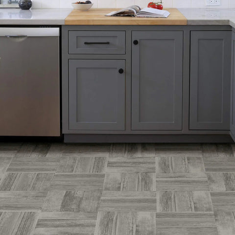 Peel And Stick Floor Tiles In Grey Wood Look Vinyl, Water Resistant, 12x12 Inches, Pack Of 10, Easy Install shown in kitchen view