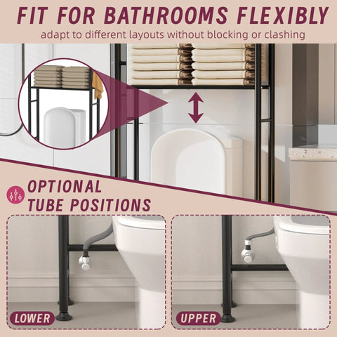 Solid As A Rock Three Tier Over Toilet Storage Cabinet with Removable Paper Holder and Four Grip Hooks, showing adjustable tube positions.