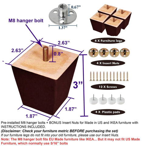 3 Inch Modern Furniture Legs Set Of 4 For Sofa Couch Bed Chair Desk Table With No Fuss Install Hardware Preinstalled M8 Bolts