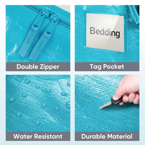 Extra Large Moving Bags With Zippers And Handles Heavy Duty Waterproof Storage Bags showing zippers, tag pocket, and water resistance
