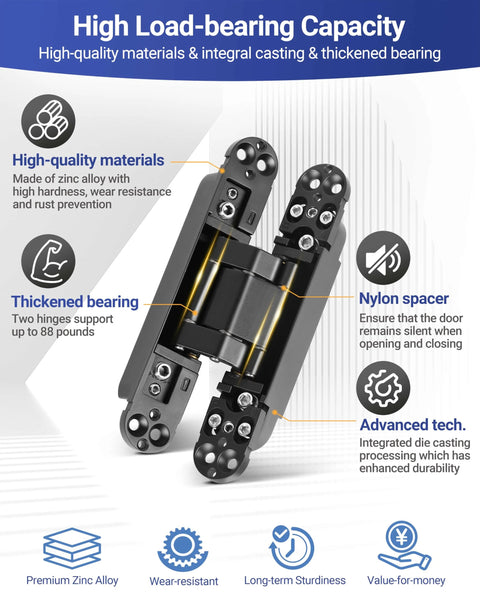 6 Inch Invisible Door Hinges For Doors 3D Adjustable 180 Degree Swing Heavy Duty Concealed Zinc Alloy with Nylon Spacer