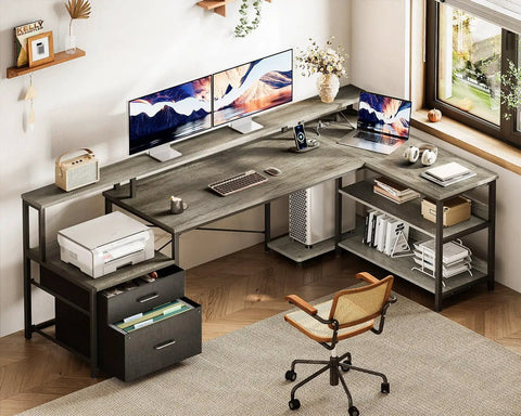 75 Inch L Shaped Desk With File Drawers And Power Outlet For Home Office, Reversible Corner Desk With Storage Shelves, Dual Monitor Shelf, Printer Cabinet, CPU Stand, Grey Oak