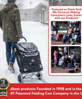 Person using Bigger Trolley Dolly Foldable Black Shopping Cart for Grocery and Light Haul in snowy street with product features.