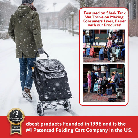 Person using Bigger Trolley Dolly Foldable Black Shopping Cart for Grocery and Light Haul in snowy street with product features.
