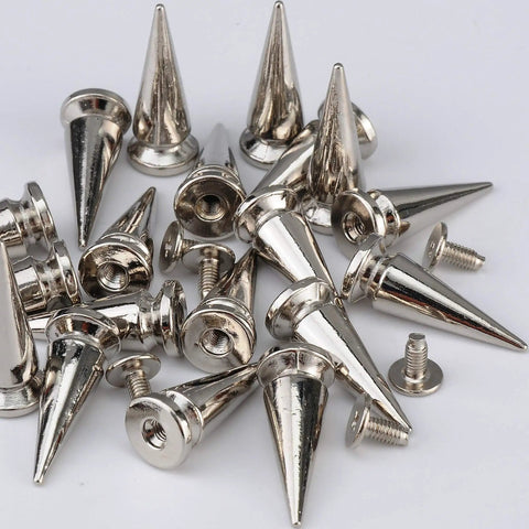 Twenty Pairs Of One Inch Silver Zinc Alloy Bullet Cone Spike Studs With Heavy Duty Iron Screws For Sick Punk Rock Leather And Kickass Streetwear Custom Accents Includes Quick Setup Tools, close-up of shiny silver cone spikes.