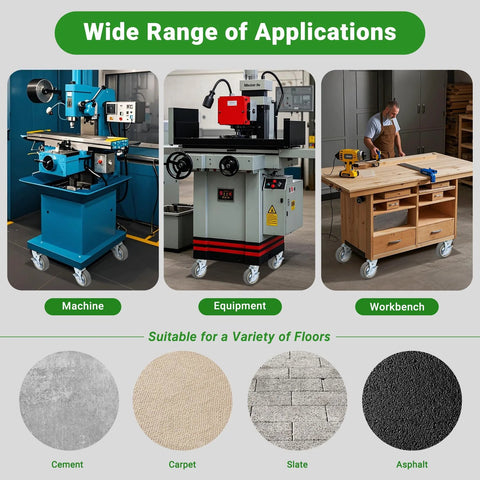 6 Inch Heavy Duty Caster Wheels on industrial equipment and workbenches, suitable for various floors like cement and carpet