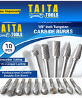 10Pc Double Cut Carbide Burr Set With 0.118 Inch Shank For Rotary Tools, packaging and burrs displayed on white background