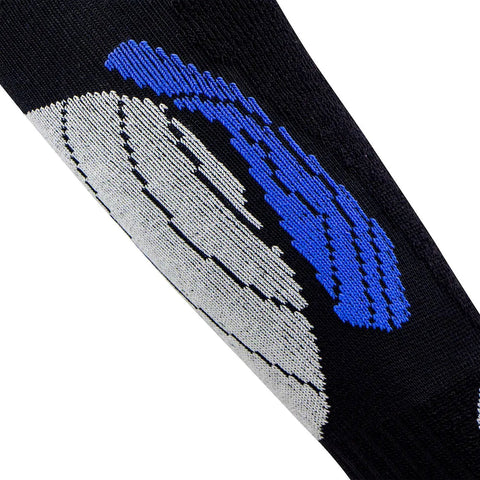 Close-up of Elite Wool Race Ski Socks for Cold Weather Skiing and Snowboarding, Black Blue, Large XL showing knit pattern detail.