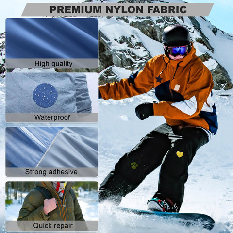 8 Pack Nylon Repair Patches Self Adhesive 7.87 By 5.9 Inch Waterproof Fabric Patches for outdoor gear repair in snowy mountains