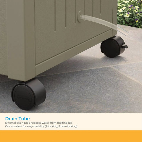 77 Quart Outdoor Patio Cooler With Wheels And Hinged Lid Wicker Look Resin With Built In Storage Basket And Cabinet, showing drain tube and wheels