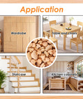 Image showing application of Wood Hole Plugs Set 150 Pcs Four Sizes Three Sixteenth Inch Five Sixteenth Inch Three Eighth Inch One Half Inch Mushroom Head Button Plugs for Furniture Cabinets Doors and Tubes Finishable and Stainable to Match Wood Color in wardrobe, table and chairs, staircase, and kitchen cabinets.