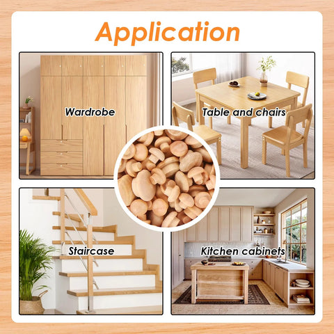 Image showing application of Wood Hole Plugs Set 150 Pcs Four Sizes Three Sixteenth Inch Five Sixteenth Inch Three Eighth Inch One Half Inch Mushroom Head Button Plugs for Furniture Cabinets Doors and Tubes Finishable and Stainable to Match Wood Color in wardrobe, table and chairs, staircase, and kitchen cabinets.