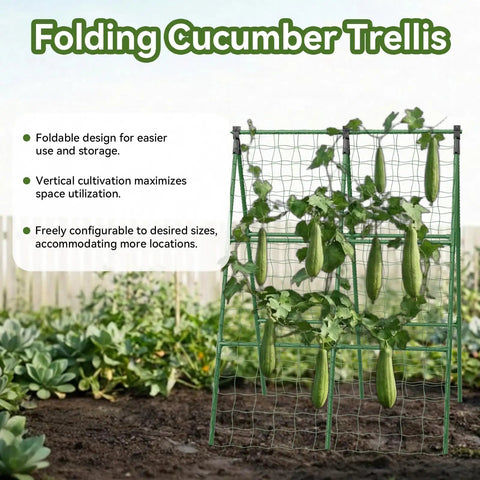 Folding cucumber trellis with green vines and cucumbers against a garden backdrop.