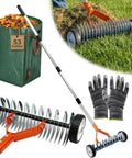 Effortless Wheeled Dethatcher Rake For Lawns With 15 Inch Head And 35 To 67 Inch Adjustable Stainless Steel Handle displayed with gloves and bag