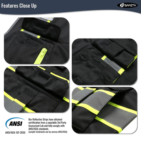 Close-up details of Seven Pocket High Visibility Black Safety Vest With Zipper Front For Men And Women, Reflective Strips