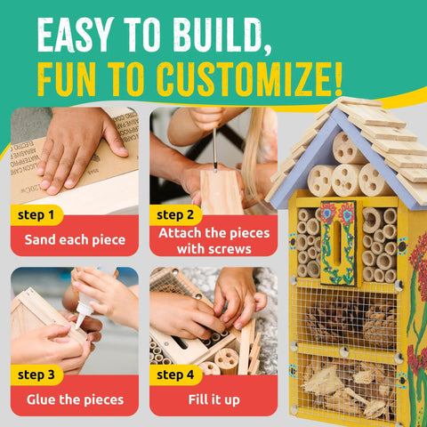 Sweet Bug Hotel Kit for Kids Easy Cedar Wood Insect House Craft Kit with tools, steps to build and customize insect house.