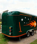 Green Turnkey Mobile Food Truck And Portable Snack Cart Commercial Kitchen Setup with star and flame design.