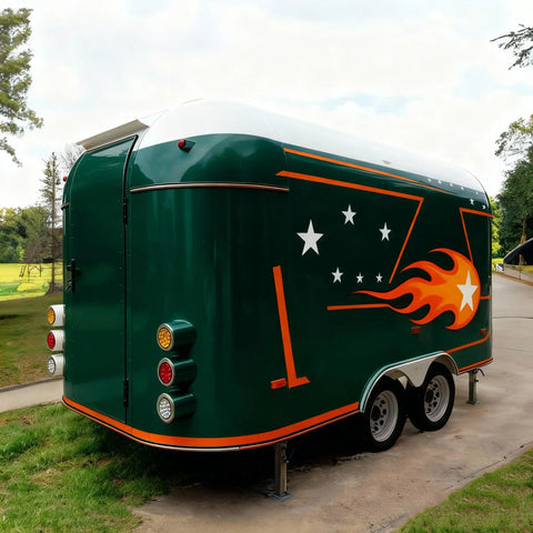 Green Turnkey Mobile Food Truck And Portable Snack Cart Commercial Kitchen Setup with star and flame design.
