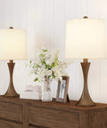 Set of 2 Mid Century Modern Table Lamps with Metal Flared Trumpet Bases in Bronze Finish, Includes Energy Efficient LED Bulbs and Drum Linen Shades